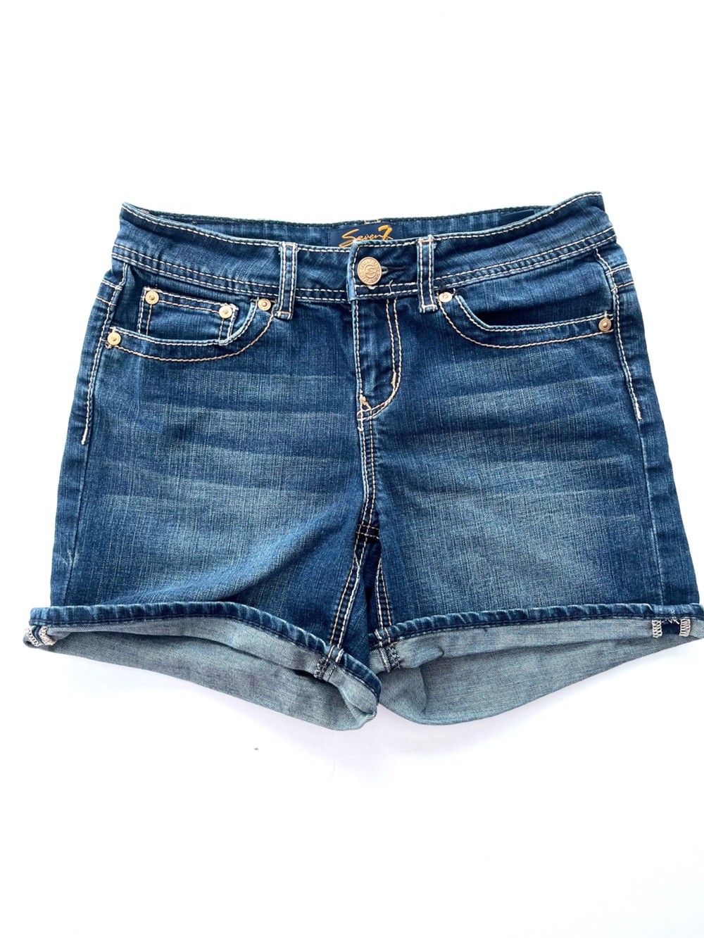 2000s Y2K Women's Long Jean Shorts Medium Seven7 Dark Wash Denim Jorts Bermudas